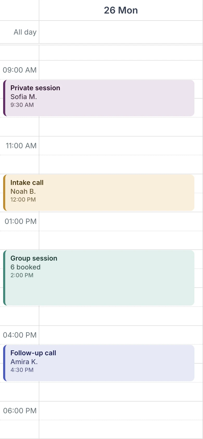 A phone showing the VādmaOS calendar day view with a private session, an intake call, a group session and a follow-up call booked