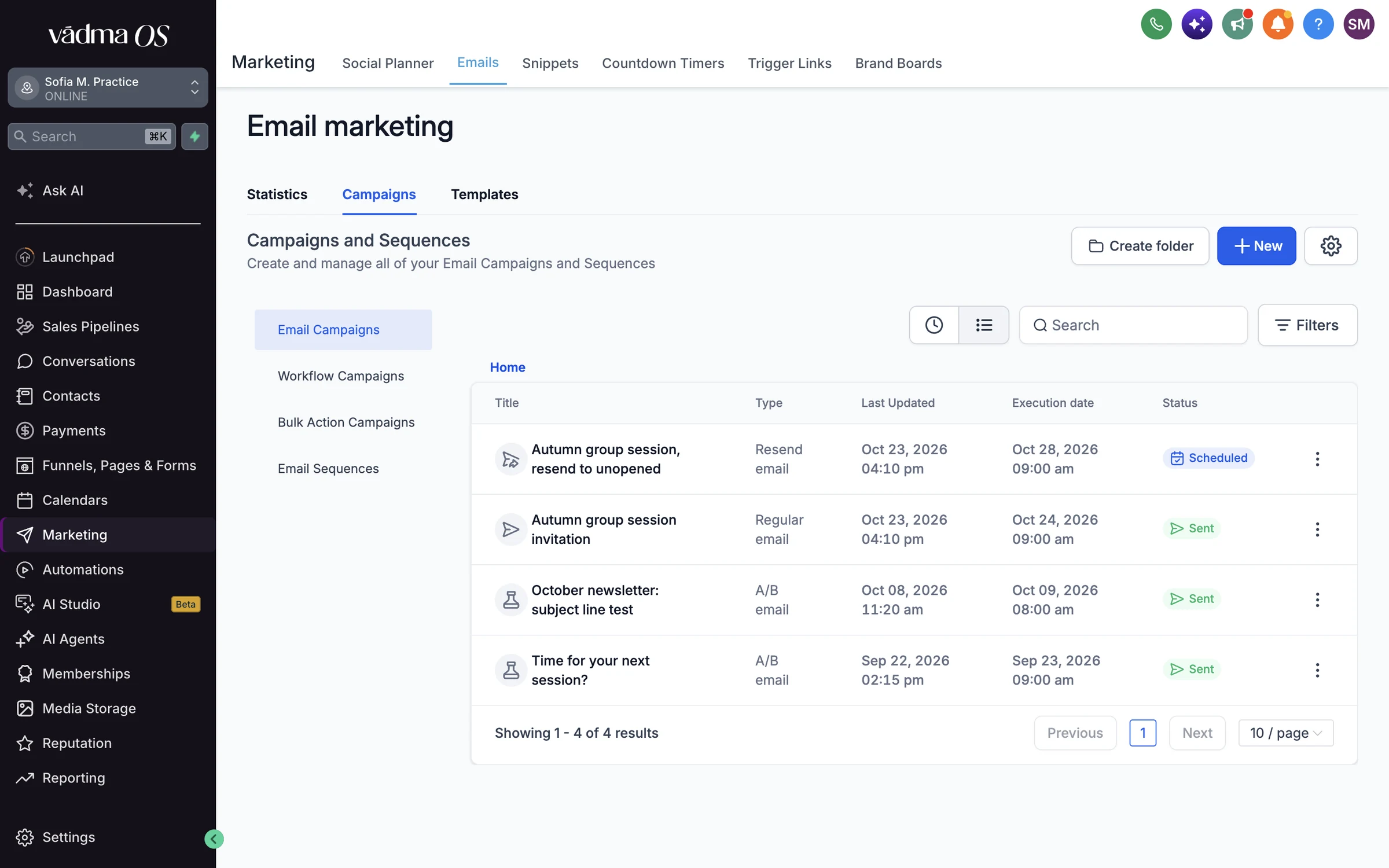 The VādmaOS email campaigns list: scheduled and sent newsletters with their type and dates