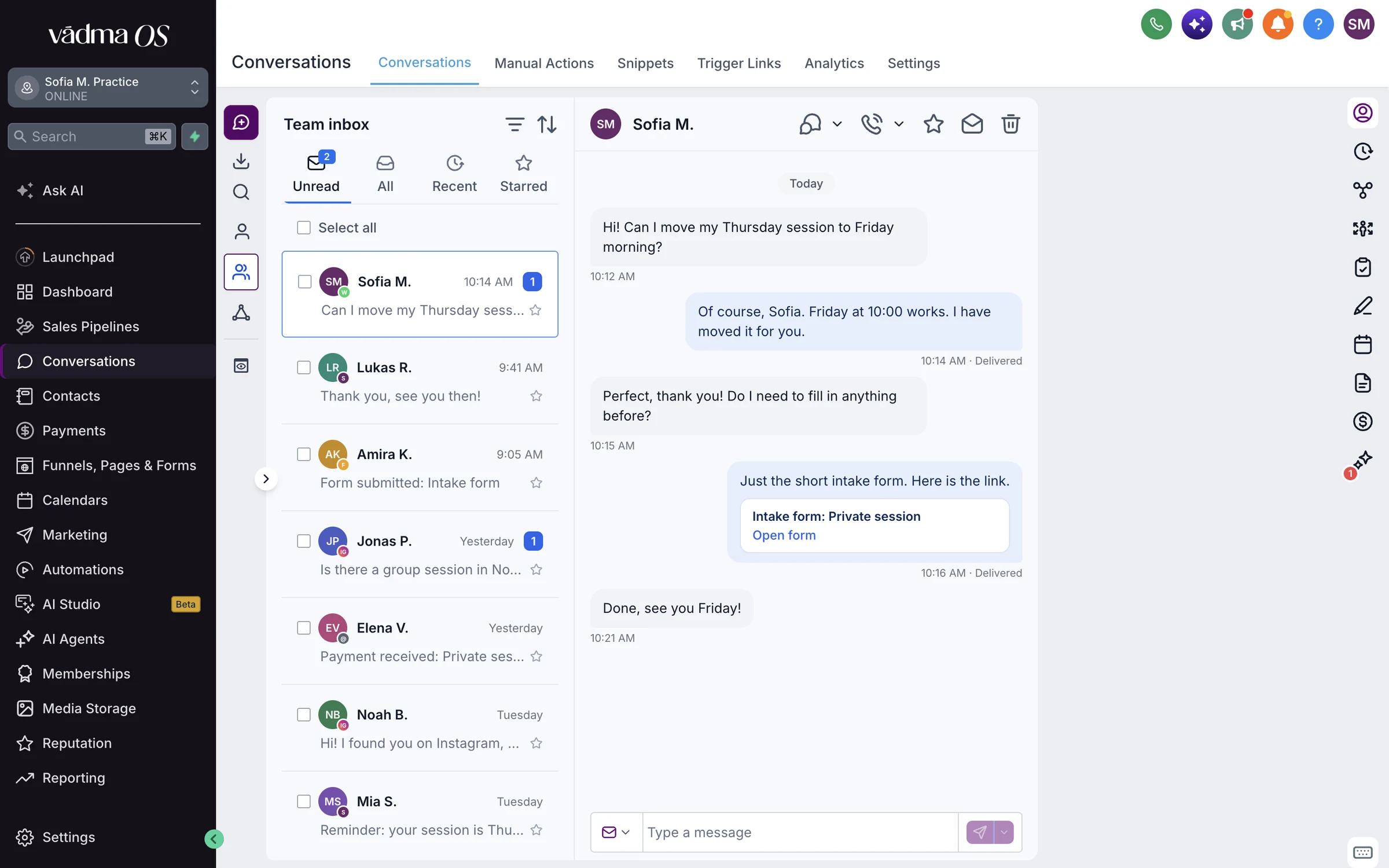 The VādmaOS conversations inbox: a list of client threads from WhatsApp, Instagram, SMS and email, with one conversation open