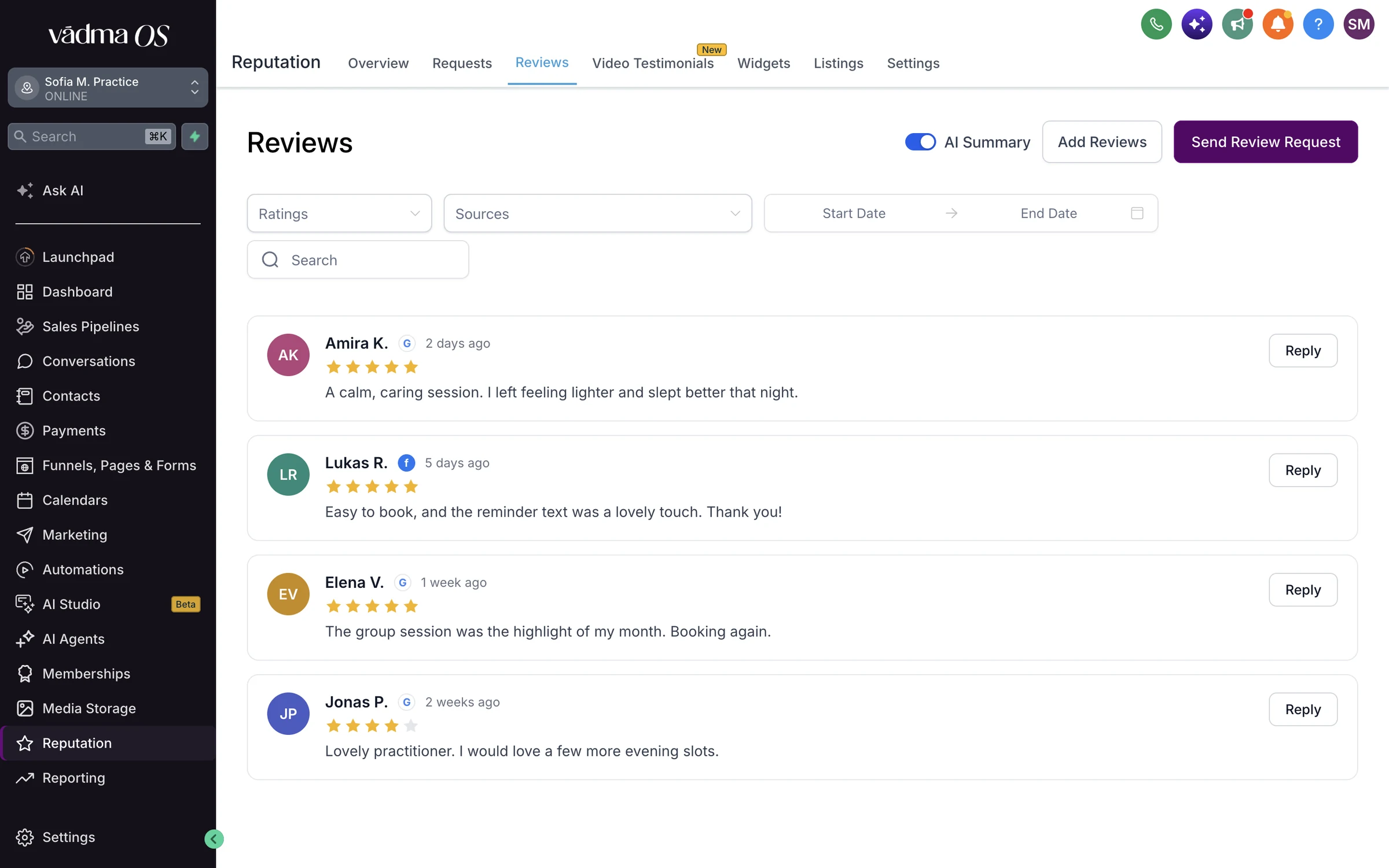 The VādmaOS reviews page: a list of client reviews with star ratings, their source and a reply button